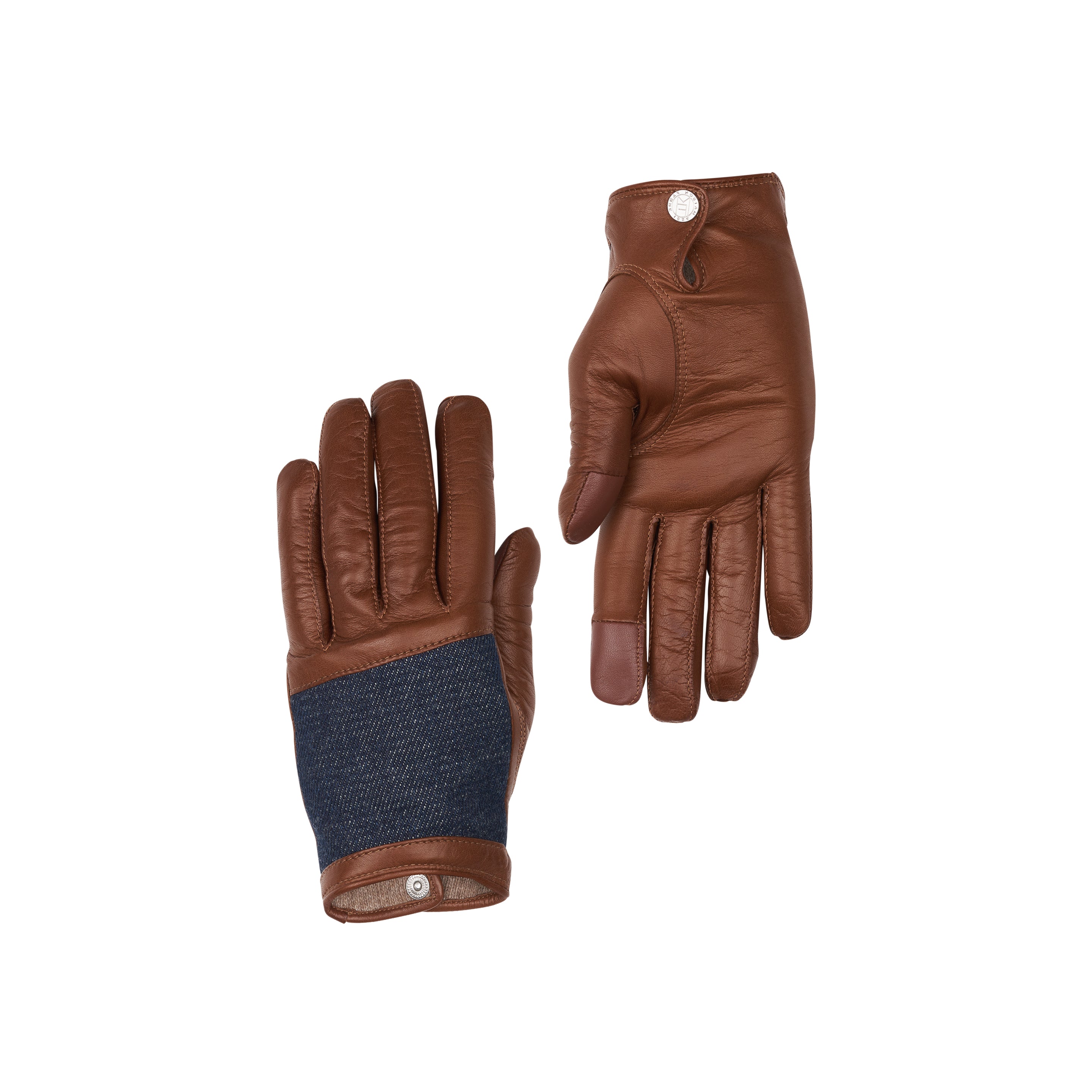Gants femme en cuir marron et jean doublé cachemire - Florac | Atelier Tuffery